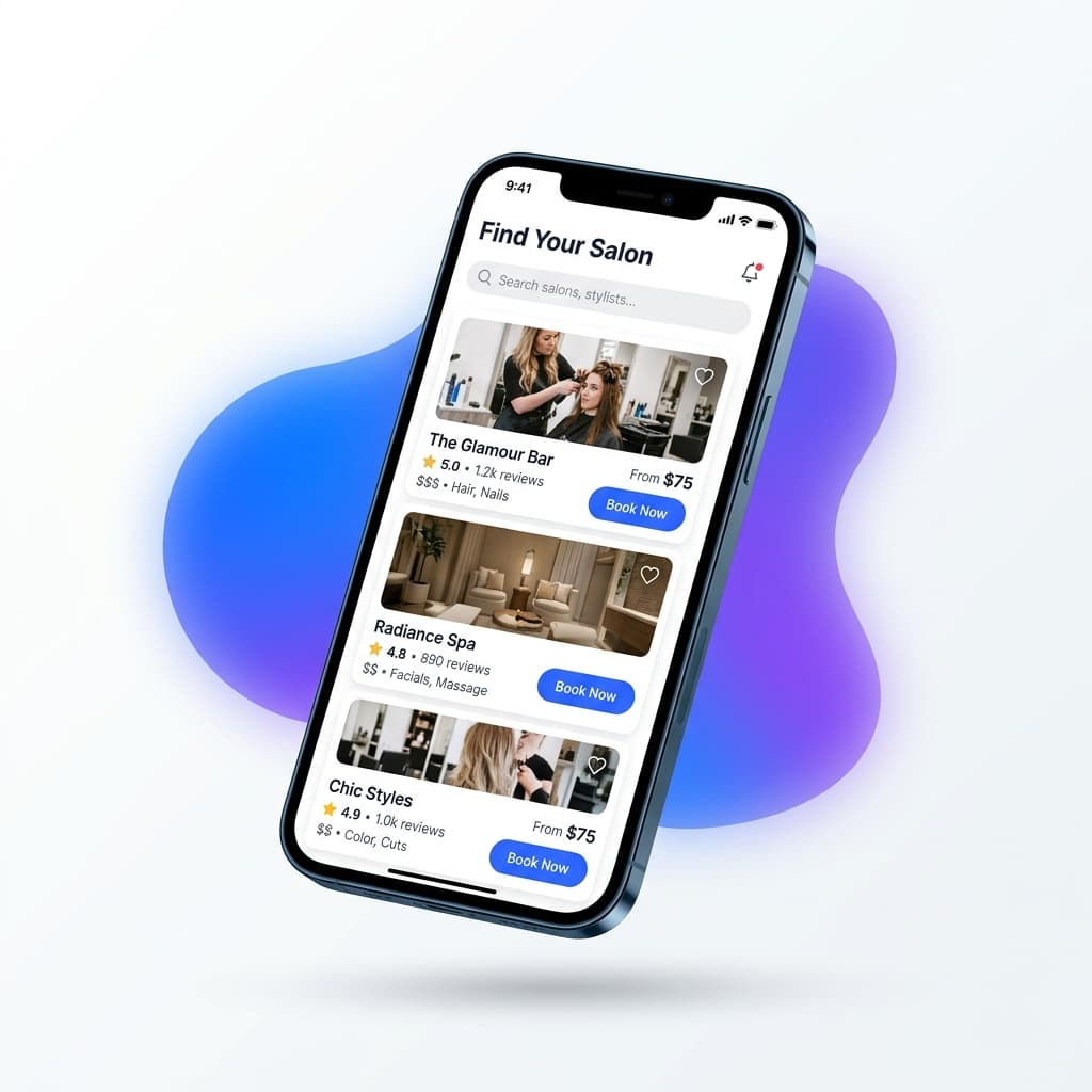 SalonQ app interface showing salon listings
